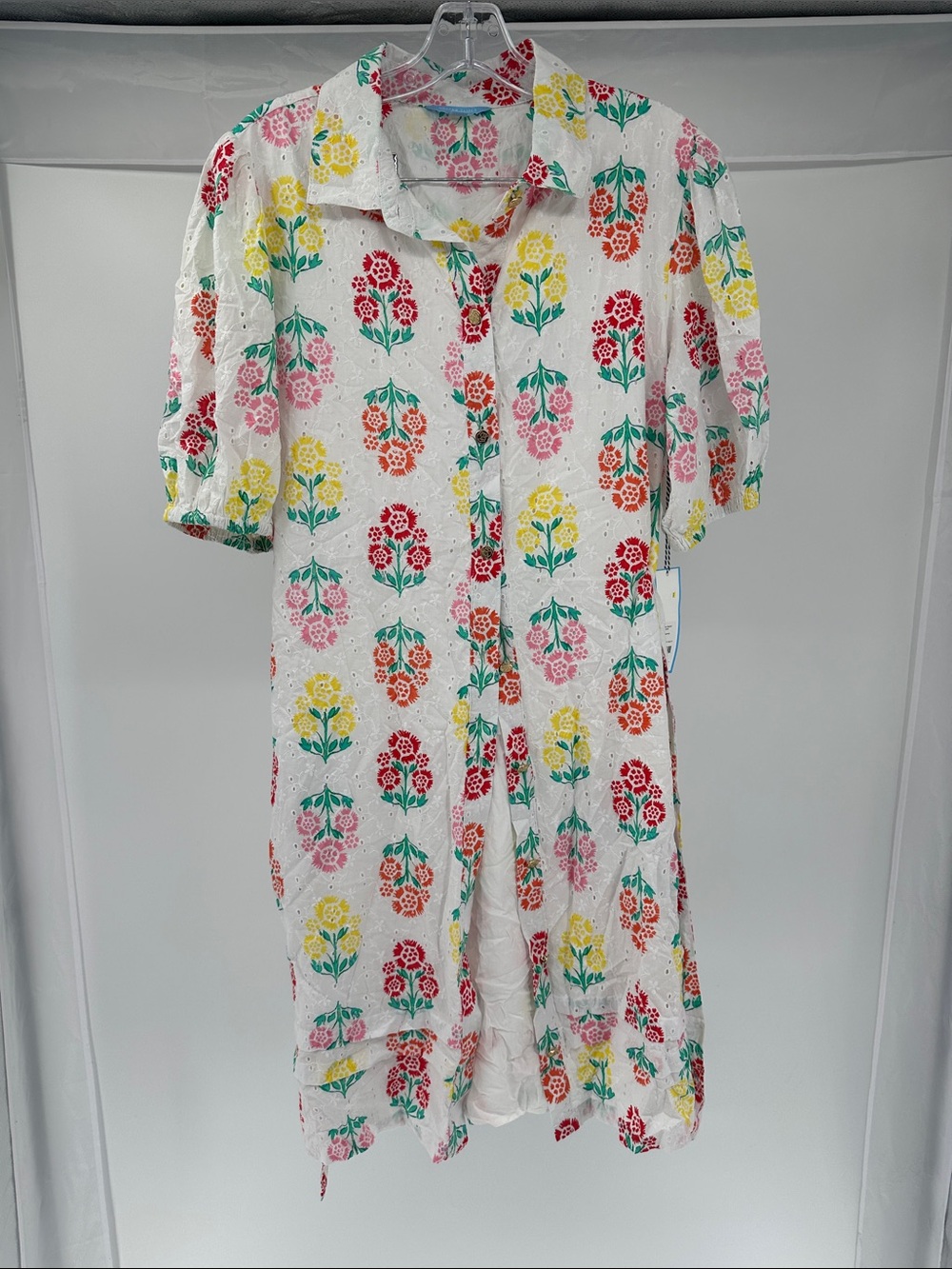 Draper James White Eyelet Dress with Pink, Yellow & Red Floral Print